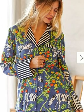 Anthro Blue Zebra & Fruit Print Pajama Top with Black-White Striped Trim Cotton